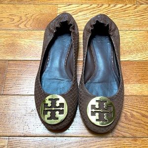 Tory Burch Brown Flats with Gold Logo